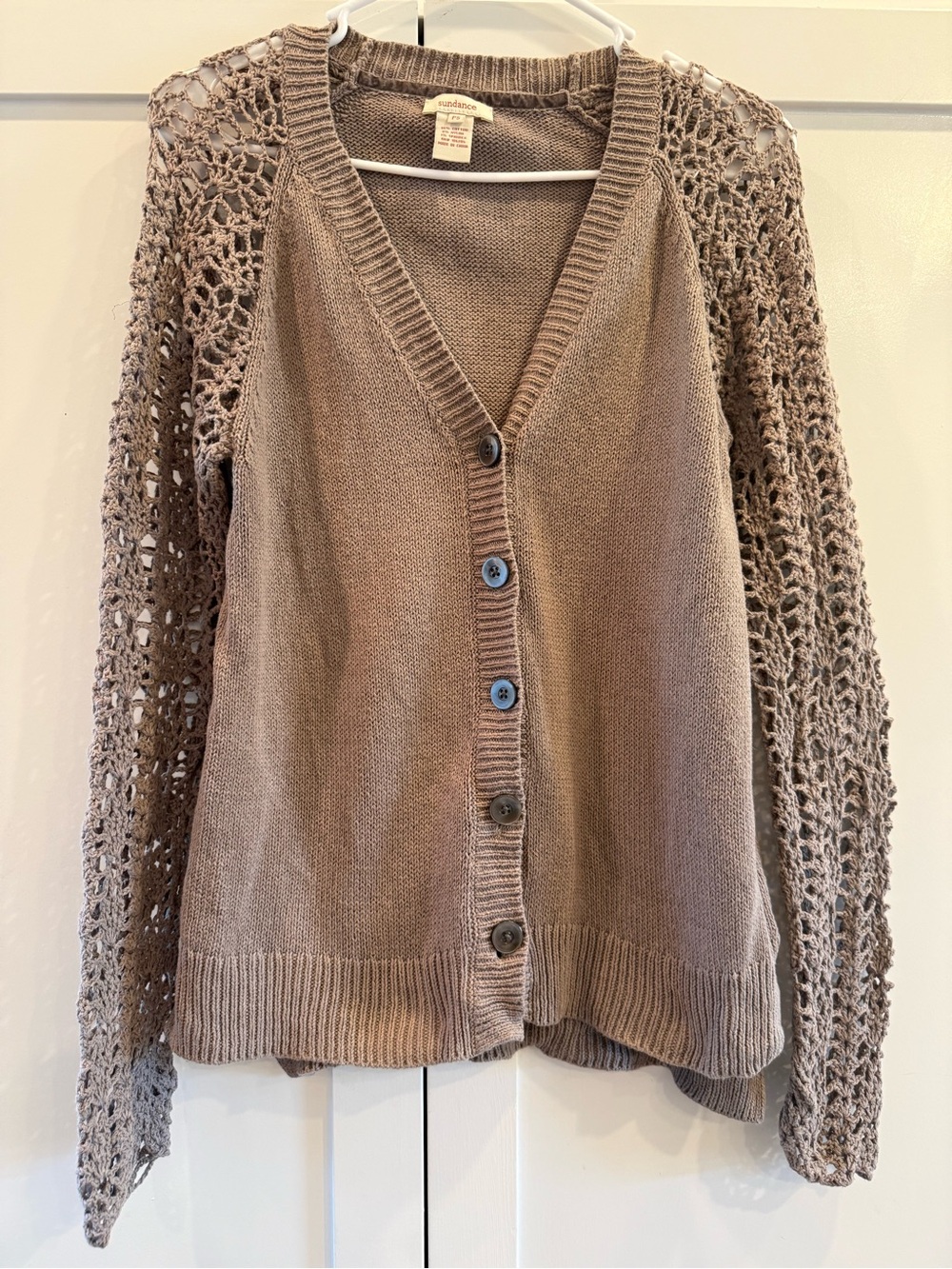 Beautiful Sundance cardigan sweater featuring gorgeous crocheted Sleeve PM